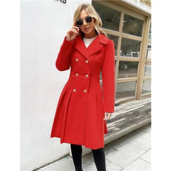 Women's Trench Coat Notch Lapel Double Breasted Thick A Line Pea Coat, Red - Picture 2 of 6